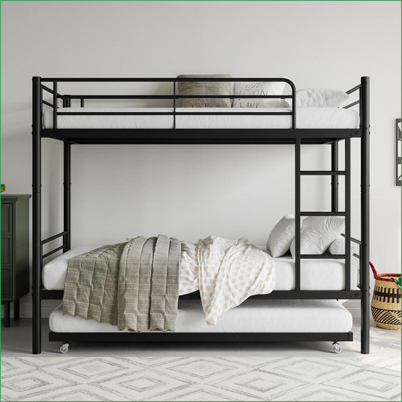 Twin Over Twin Metal Bunk Bed with Trundle &amp; Ladder, Noise-Free, No Box Spring Needed, Black