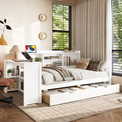 Twin Size Corner Daybed With Storage, Desk, Charging Port, And Bookcase For Modern Living And Space Efficiency