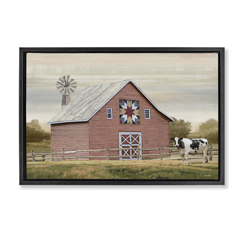 Toile flottante encadrée Traditional Barn & Windmill par Amber Sterling, H 21 po x l 31 po, Cadre flottant noir de jais