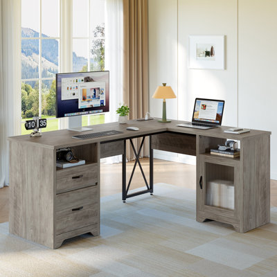Bureau d'ordinateur de 63 po en forme de L avec multiprise et bureau de rangement en coin