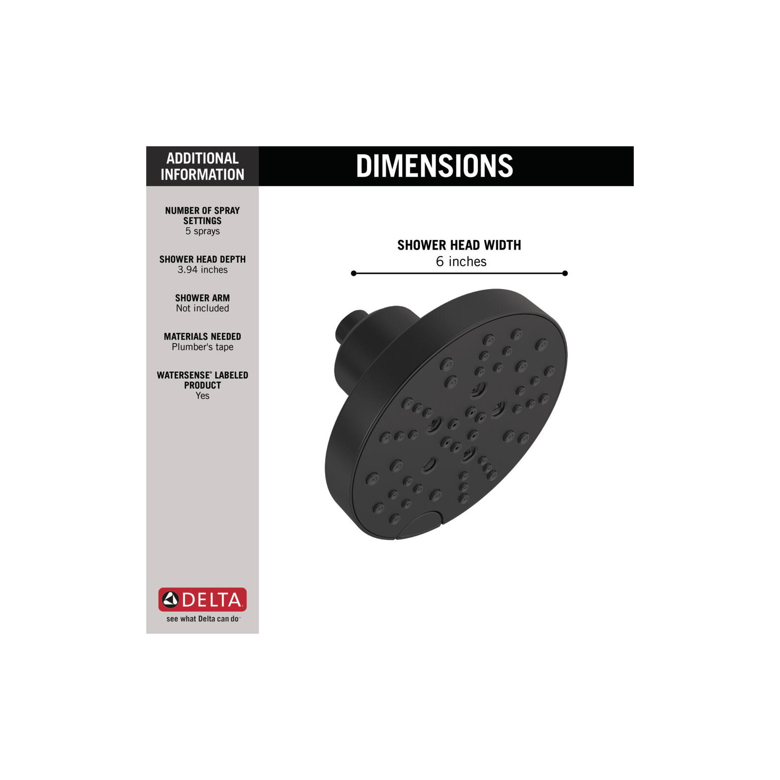 H2Okinetic 5-Spray Contemporary Round Raincan Shower Head 1.75 GPM, Matte Black