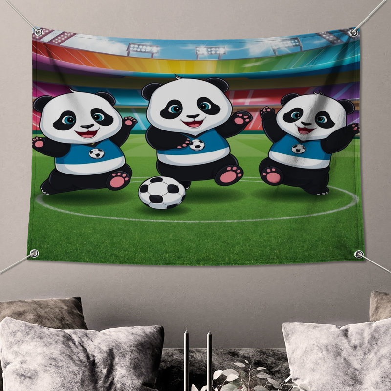 Dessin de tapisserie murale «Panda Soccer», H 104 po x 88 avec 4 œillets