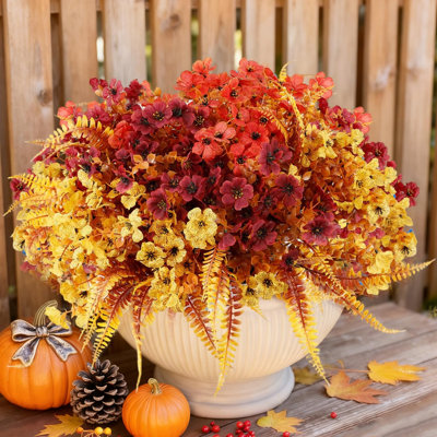 Artificial Fall Flowers for Outdoors, Artificial Mums of Fake Flowers for Outdoor Planters, No Fade Vibrant Artificial Flowers with Ferns for Porch Patio Yard Decoration, 12 Bundles