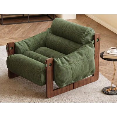 Fauteuil lounge moderne en cuir vert ciré, fauteuil d'appoint vintage avec structure en bois d'hévéa, canapé une place profond pour coin détente au salon