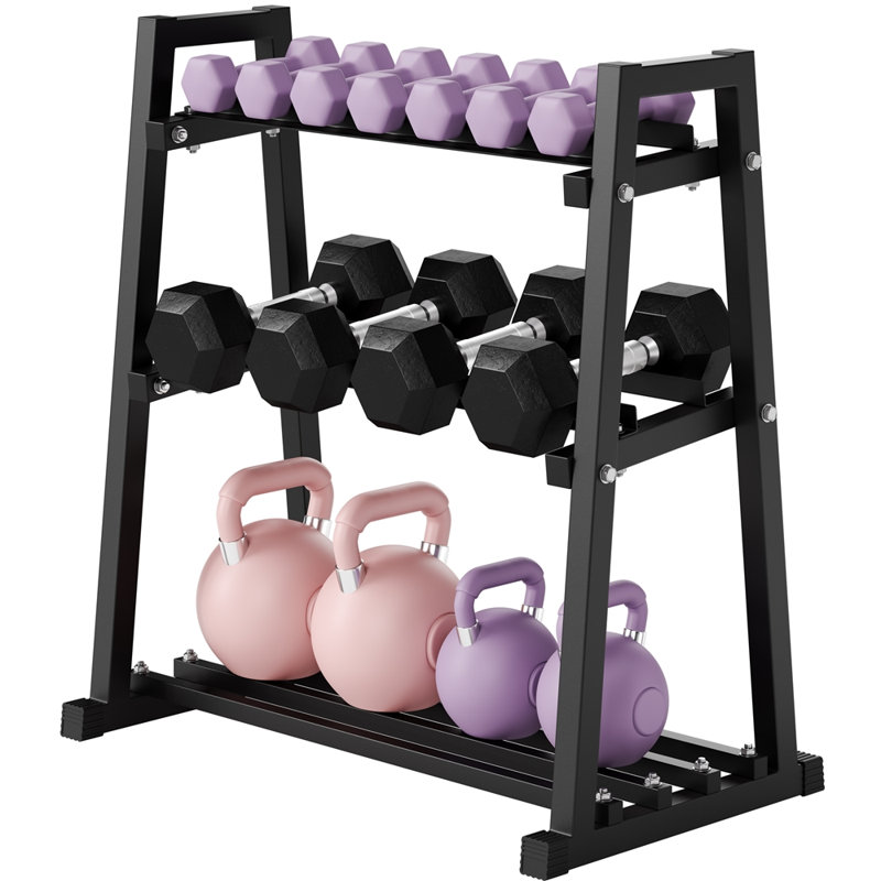 Black Metal Dumbbell Rack with 3 Tier Adjustable A Frame Holds 455 kg for Home Gym