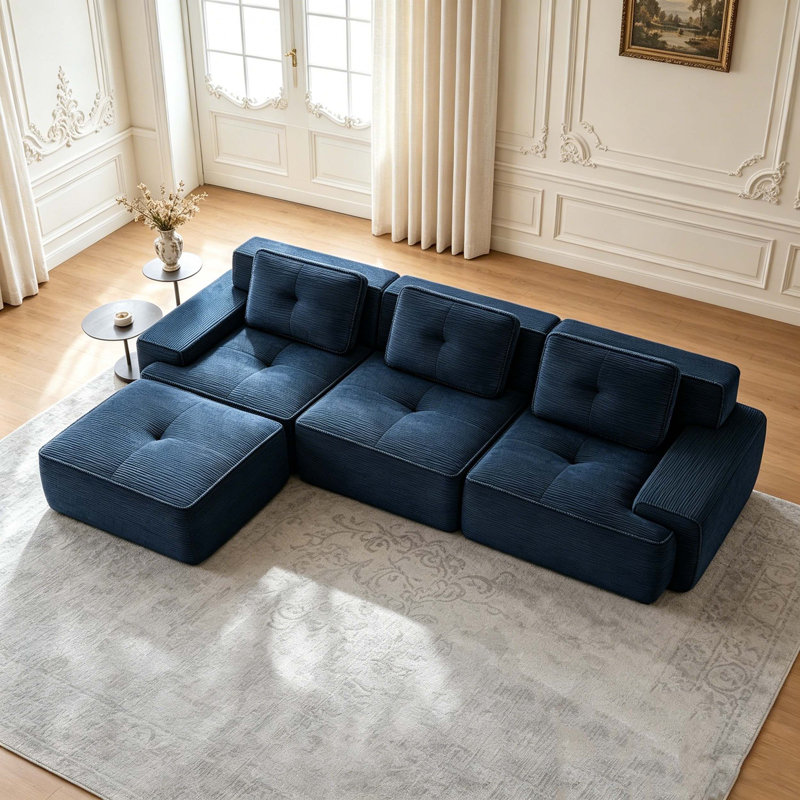 Canapé moderne en velours côtelé, Blue -3Seat+1Ottman