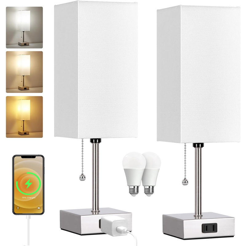 Ensemble de 2 lampes de table pour la chambre à coucher, à intensité variable 3 couleurs 15 po, avec chaînette et prises de courant, 2 ampoules incluses