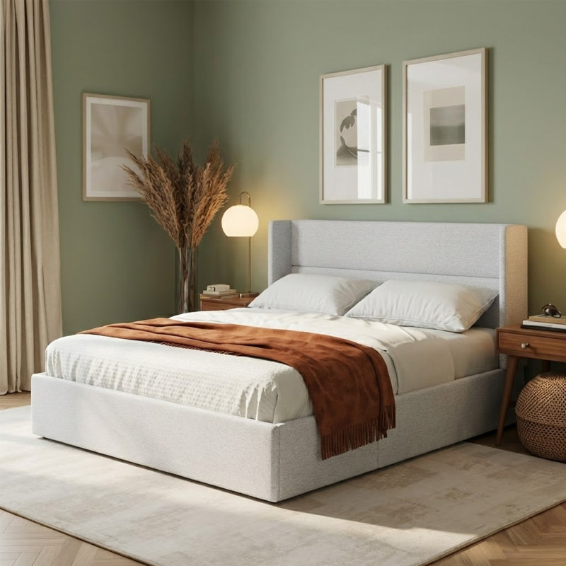 Lit plateforme tapissier avec rangement Gaillarde, Double, Blanc grisâtre