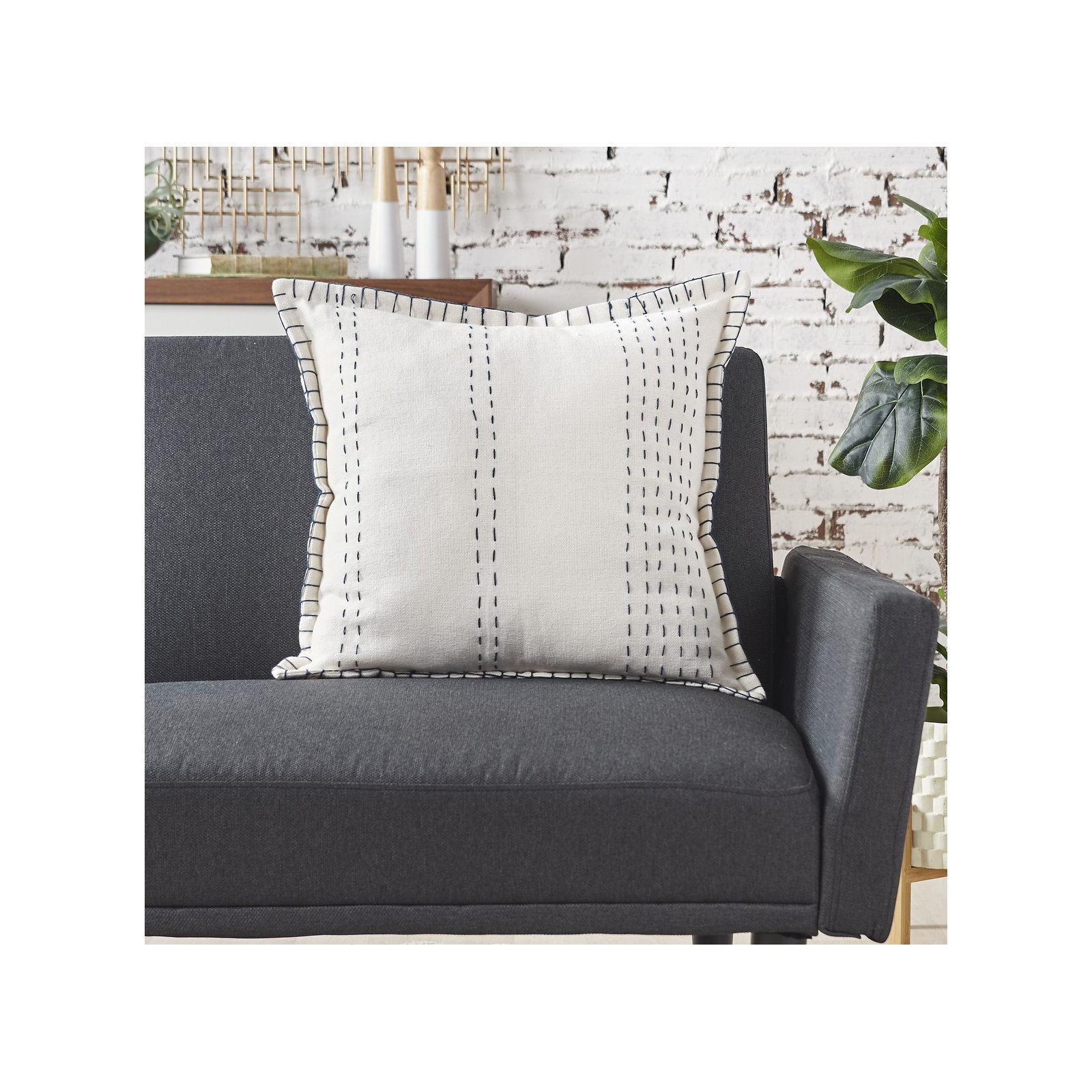 Roseville Cotton Throw Pillow Cover & Insert, Cream/Navy