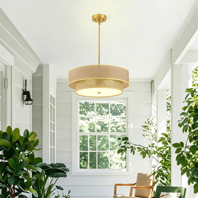 17.7 Inch Woven Rattan Linen Semi Flush Mount Ceiling Light Fixture, Modern Boho Drum Lamp For Bedroom, Kitchen, Dining Room, Living Room, Hallway, Entryway, Farmhouse Gold Wicker Chandelier