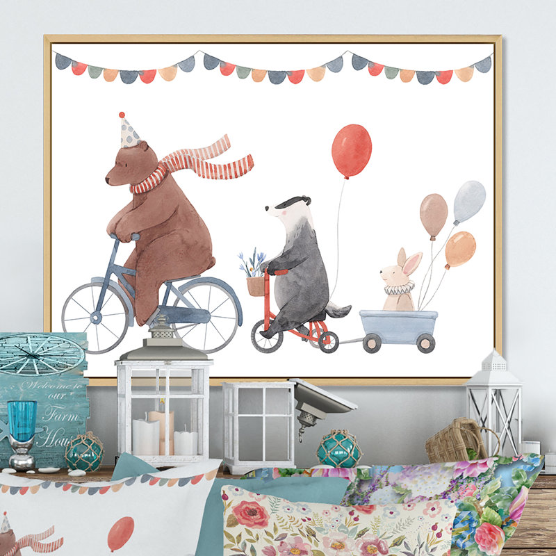 Animaux mignons à bicyclette, H 16 po x l 32 po x P 1 po, Cadre naturel flottant