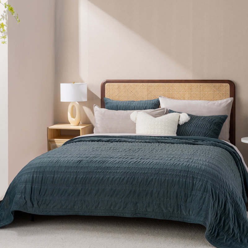 Ensemble d'édredon Ruched, Courtepointe grand + 2 taies décoratives, Bleu orageux
