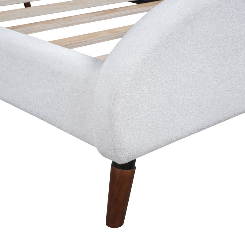 Grand lit plateforme tapissier avec tête de lit en forme de mouton, Blanc, Lit simple