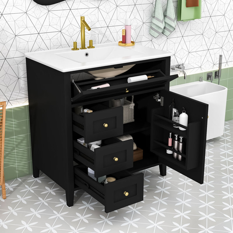 Meuble-lavabo moderne avec rangement spacieux, panneau de fibres à densité moyenne durable et tablettes réglables, Noir