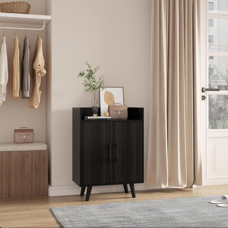 Shoe Cabinet, 3-Tier Freestanding Shoe Rack With Doors And Legs FSSR023, Obsidian Wood