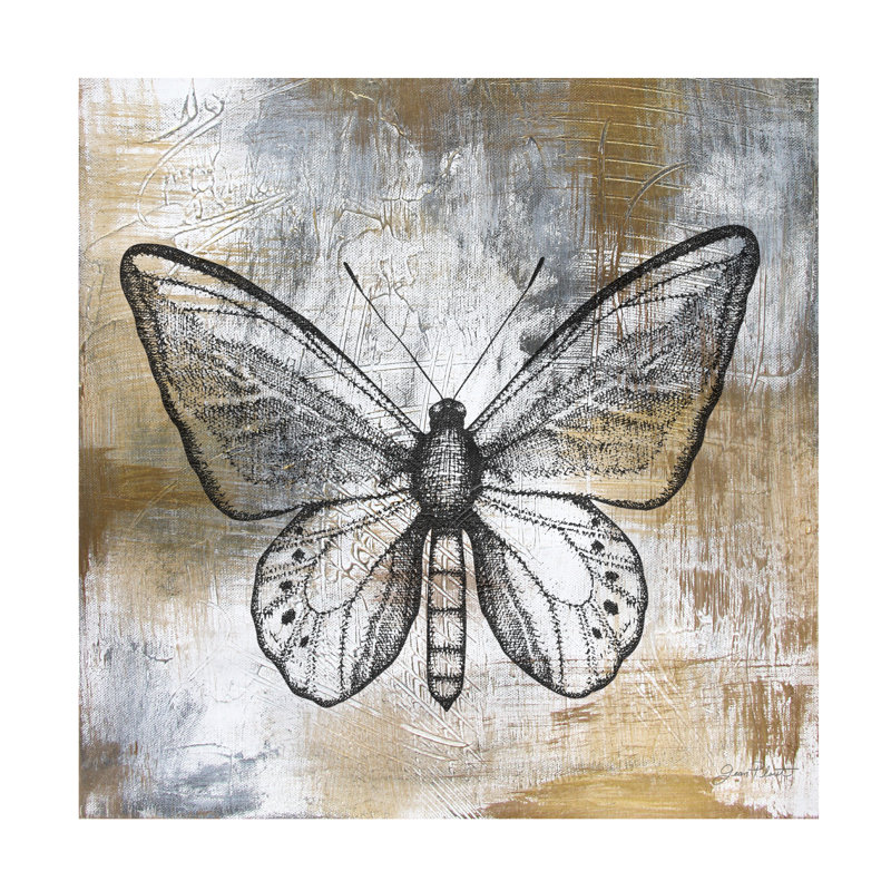 «Gold and Gray Textures Butterfly» sur toile par Jean Plout, H 14 po x l 14 po x P 2 po