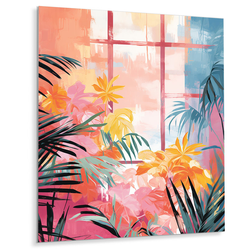 «Pastal Color Tropical Windows View 1 - Art floral abstrait en métal», H 32 po x l 16 po x P 1 po