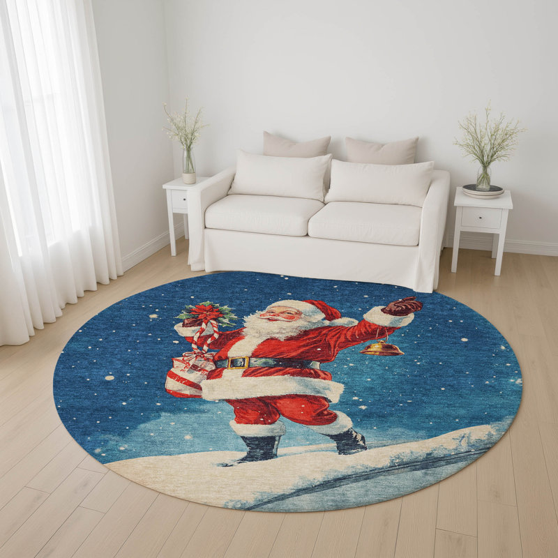 Premium Machine Washable Dockside AMF1807 Happy Santa Rug, Round 8'