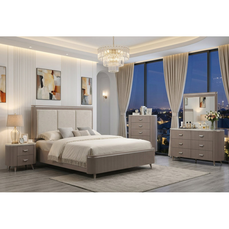 5-Piece Modern Luxury Bedroom Set, Velvet Upholstered Bed Frame, 6-Drawer Dresser, Dresser Mirror, 5-Drawer Chest, 2-Drawer Nightstand, Contemporary Bedroom Furniture