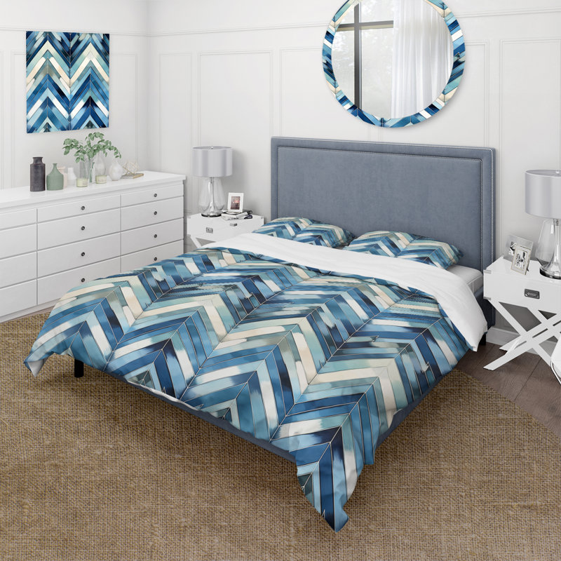 Vintage Cobalt Blue White Chevron Geometric I - Ensemble de housse de couette à chevrons