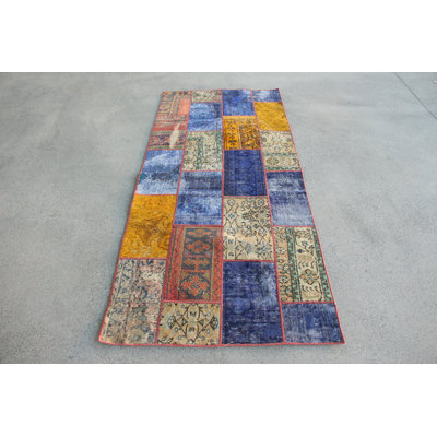 Handcrafted Turkish Vintage Patchwork Rug in Purple Ideal for Kitchen and Home Decor