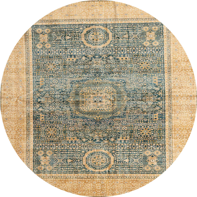 Tapis beige / bleu Southwestern, Rond 3 pi
