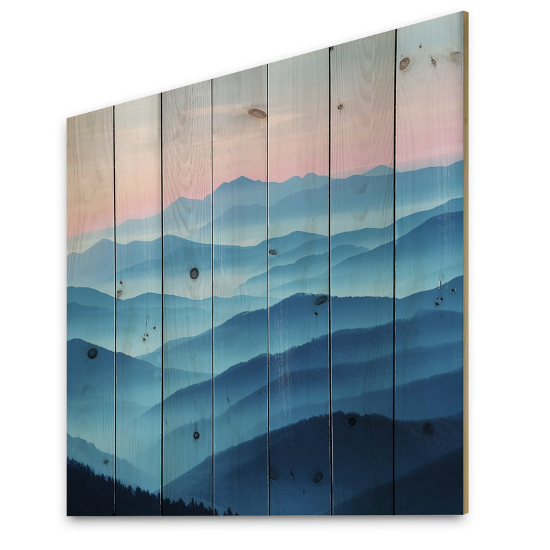 Purple Mountains In The Morning Light II - Landscape Mountains Wood Wall Art - On Natural Pine Wood, 15" H x 15" W x 0.78" D