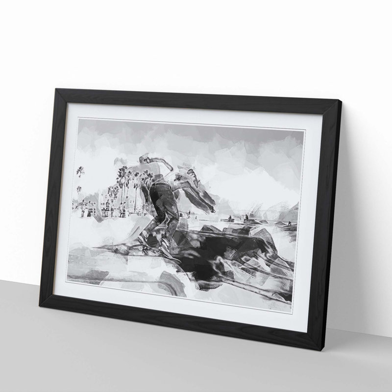 Venice Beach Skateboarder in Abstract - Picture Frame Graphic Art Print, 60cm H x 91cm W x 2cm D, Black