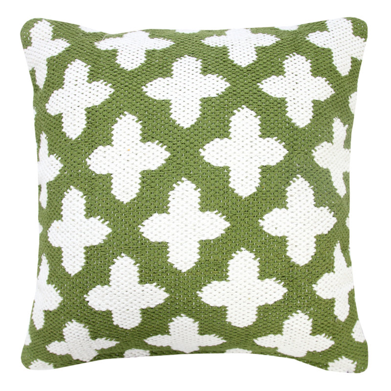 Green and White Woven Geometric Cotton Throw Pillow, 20" Square