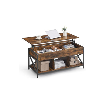 Table basse à plateau relevable, table basse à plateau relevable, compartiments cachés et plateau relevable, pour salon, bureau, brun rustique et noir, 19,7 po x 47,2 po (19,3 à 24,4 po)