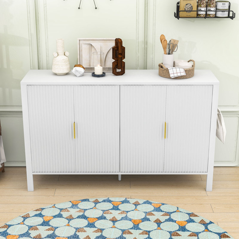 Élégant buffet à 4 portes avec tablettes dissimulées, tablettes réglables et crochets latéraux, Blanc