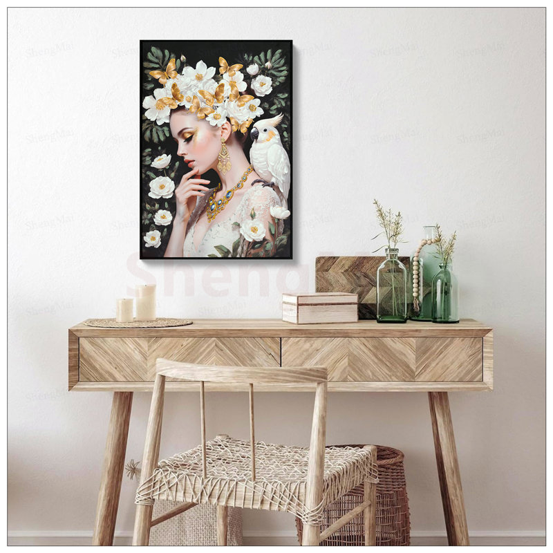 «Elegant Beauty Lady and Floral», art mural sur toile pour décoration intérieure moderne, prêt à accrocher avec une impression de haute qualité