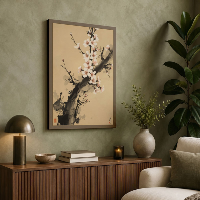 Moonlit Blossoms Japandi - Wrapped Canvas, 36x24 - 91.4 x 61.0 cm, Taupe Border