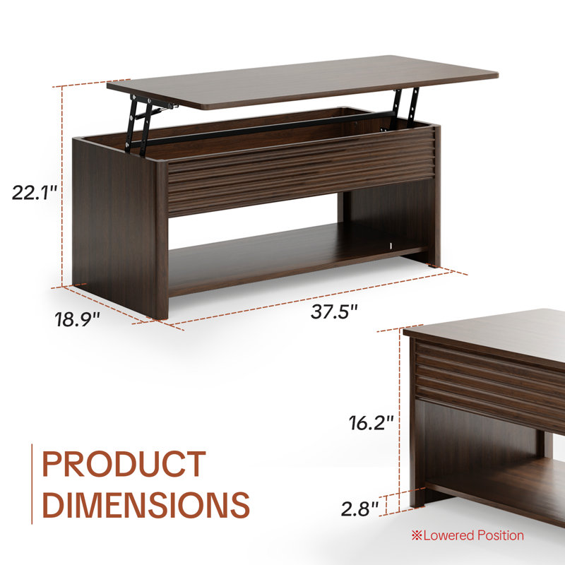Table basse à plateau relevable avec rangement hydraulique de 37,5 po de large, Brun