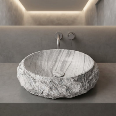 19 in. Oval Resin Vessel Sink with Faux Chiseled-Rock Exterior and Veined Basin