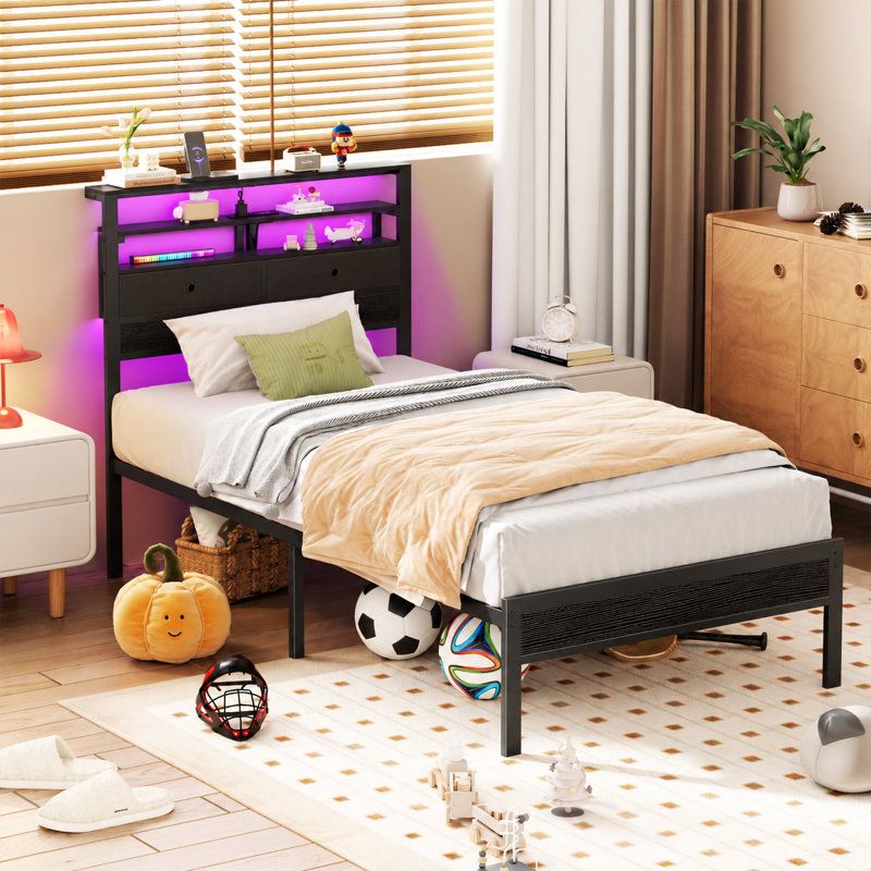 Bed Frame With Rgb Led Lights, Bed With Headboard, Charging Station, Black Oack, Twin, No Drawer
