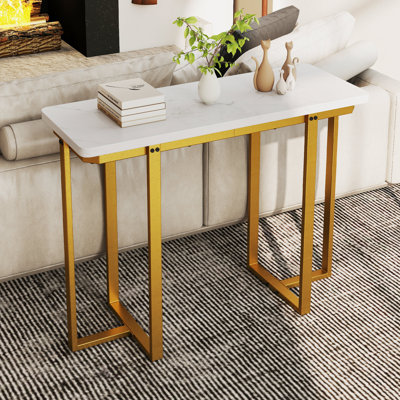 Console 42 po Table d'entrée moderne en faux marbre avec cadre géométrique en métal blanc