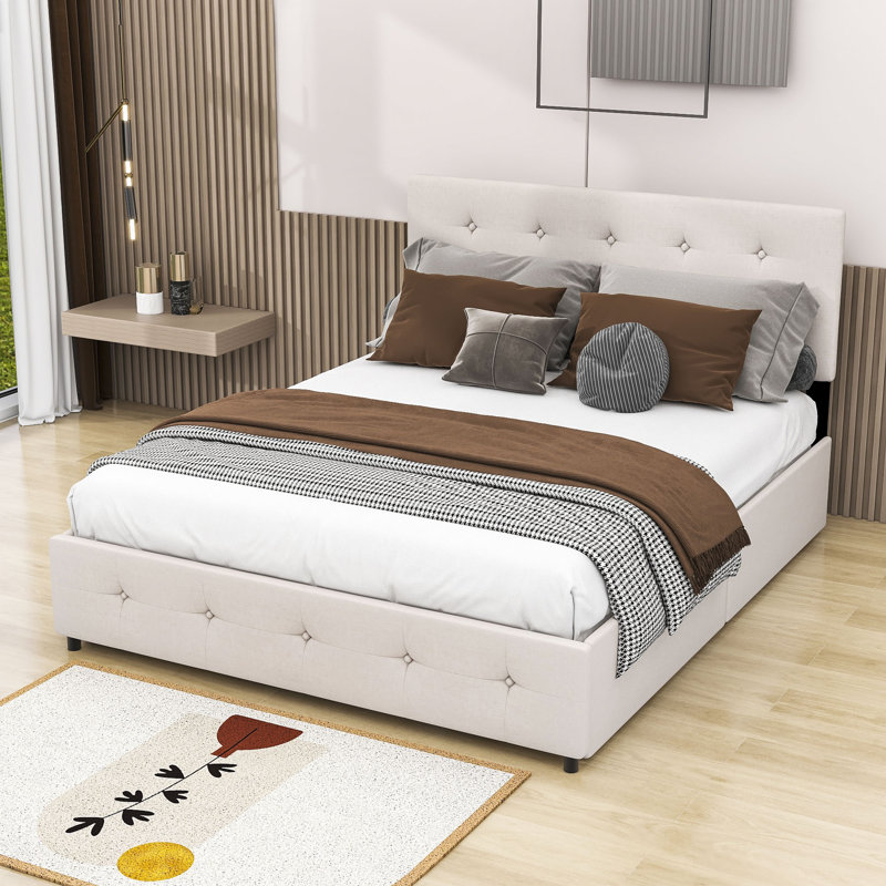 Lit plateforme tapissier en lin avec tête de lit et tiroirs, Beige