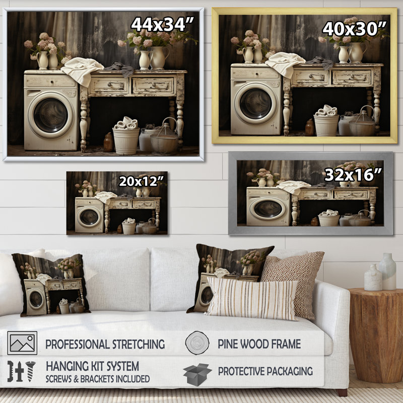 «Farmhouse Laundry Charm II», art mural, H 30 po x l 40 po x P 1,5 po, Cadre flottant noir