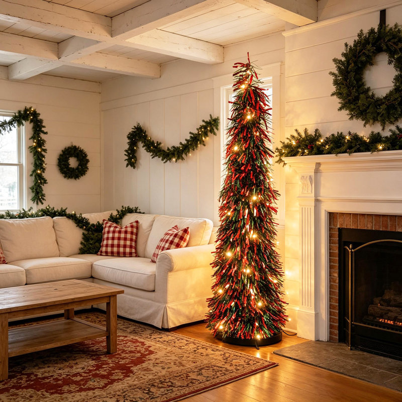 Sapin de Noël pliable et lumineux de 1,5 m, en forme de crayon, avec 50 lumières DEL blanc chaud et base pliable, disponible en 2 couleurs.
