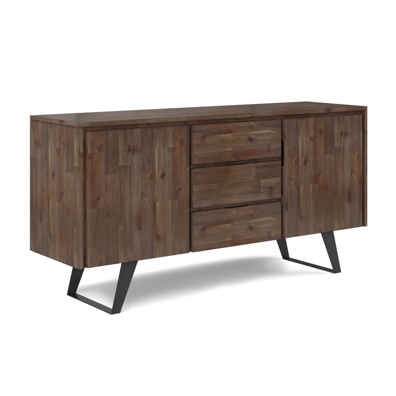 Lowry 60"W Solid Wood Modern Industrial 2-Door Sideboard Buffet with 3 Center Drawers, Rustic Natural Aged Brown