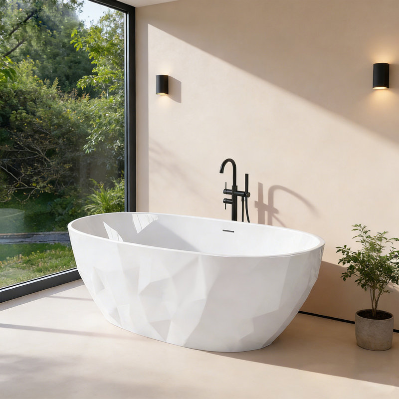 Baignoire de salle de bain autoportante en acrylique brillant blanc brillant 59 "X 30" avec trop-plein et bonde escamotable chromée
