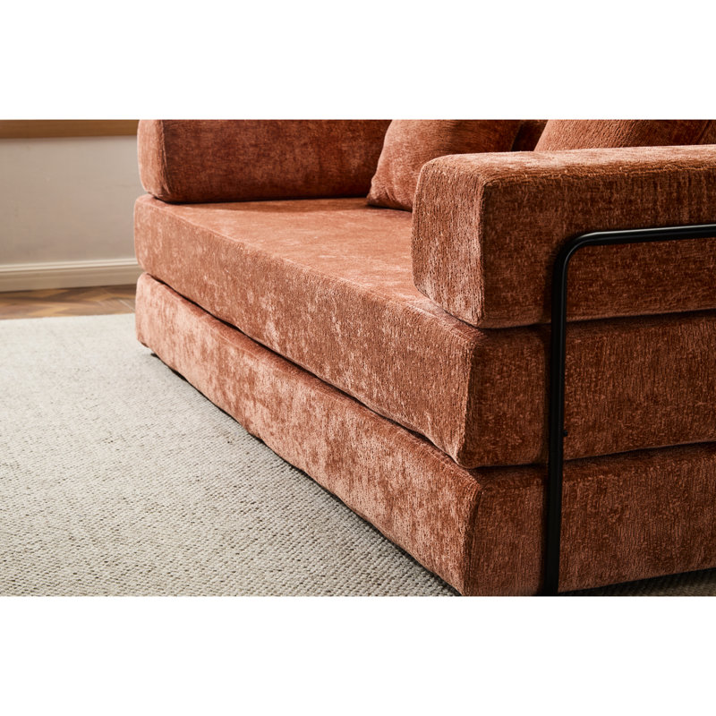 Orange, futon, lit de sol convertible à compression, dossier coussiné, accoudoirs, tissu chenille, canapé à besoins variés, support dorsal, petits espaces