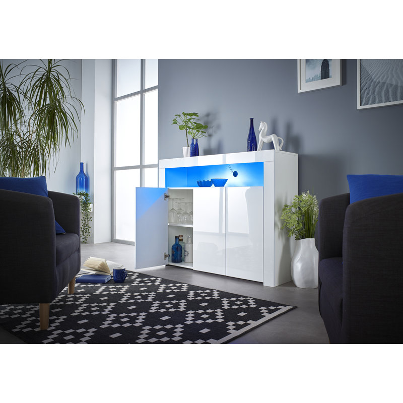 Aube White 3 Door Sideboard Buffet with Lights . Glossy 