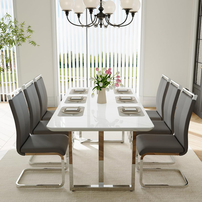 Ensemble de table de salle à manger blanc pour 6 personnes, ensemble de table de salle à manger de 63 po avec pieds chromés, ensemble de 6 tables de cuisine modernes et chaises pour la salle à manger, structure très brillante et robuste