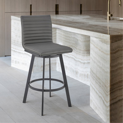Tabouret de bar rotatif 26 po à hauteur de comptoir au fini noir mat avec similicuir gris
