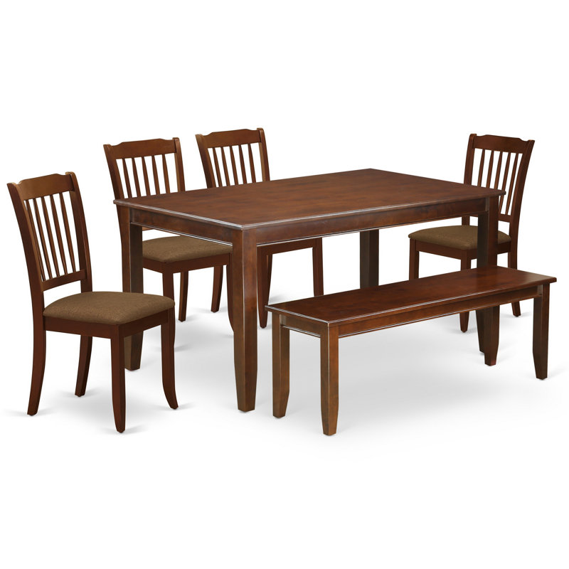 6 Piece Dining Room Furniture Set Contains a Rectangle Kitchen Table and 4 Linen Fabric Dining Chairs with a Bench, Mahogany