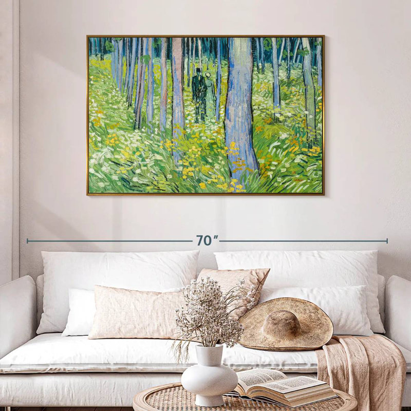 Sous-bois avec deux personnages, 46 po x 31 po, Cadre flottant doré