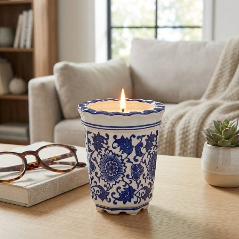 Bougie décorative en jasmin en céramique pour bibliothèque - Décoration moderne pour table basse, chambre à coucher ou décor de salon - 5 po, bleu et blanc