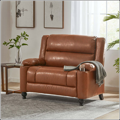 Oversized Manual Recliner with Cup Holders, Adjustable Backrest, and Turned Wood Legs